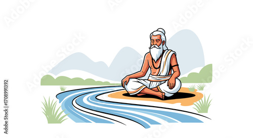 Indian Sage Meditating by a Holy River, Vector Illustration