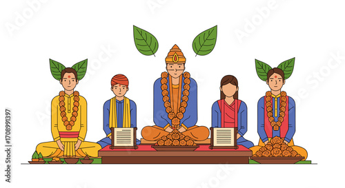 Indian Family Performing Religious Ceremony with Offerings