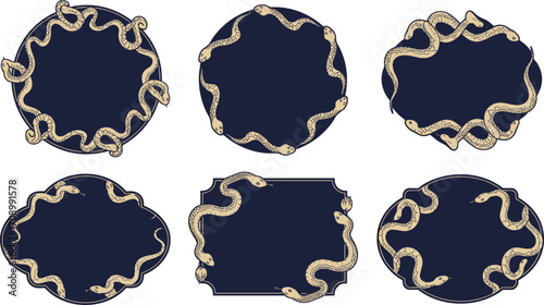 Vintage snake frame collection, retro serpent border design, circular and oval reptile illustration, mystical gothic template, antique decorative ornament