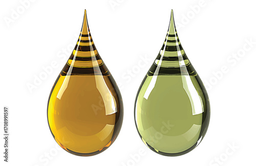 Two 3D Rendered Oil Droplets Golden and Olive Green Hues