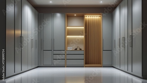 Modern walk-in closet, featuring a combination of gray cabinetry and light wood accents, with subtle lighting enhancing the space.