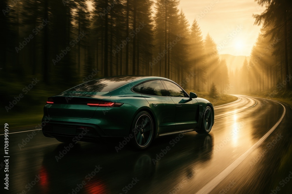 Fototapeta premium Electric sports coupe slicing through misty pine forest on a winding mountain highway at sunrise with cinematic motion energy