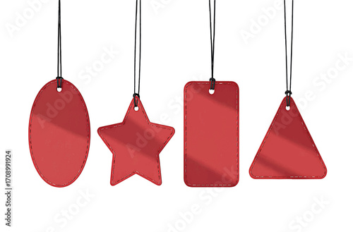 Collection of versatile blank red tags in various shapes, hanging by strings, perfect for pricing, gifts, or branding on a clean white background for your design needs