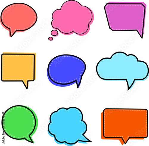 Vector illustration of colorful comic speech bubbles on black background. Includes various shapes such as round, square, cloud, and thought bubbles. Perfect for pop art design, chat messages, stickers