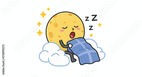 A cartoon moon sleeps on clouds under stars
