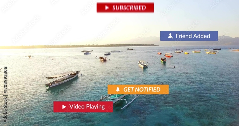 Obraz premium Small outrigger boats gently drifting on turquoise sea at sunrise, with UI overlays