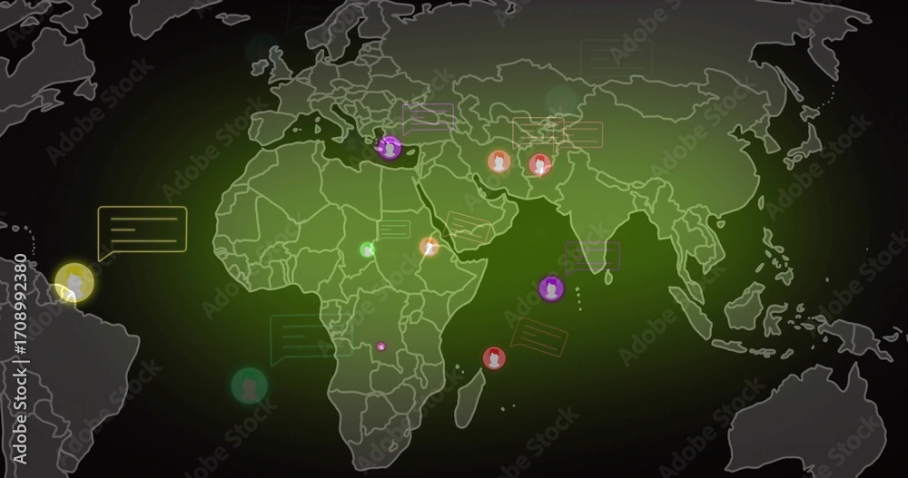 Fototapeta premium Displaying world map on dark screen showing communication nodes with glowing icons, faint lines