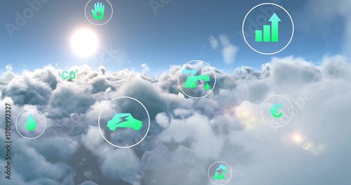 Floating green electric car icon in high-altitude sky above clouds, with sustainability symbols