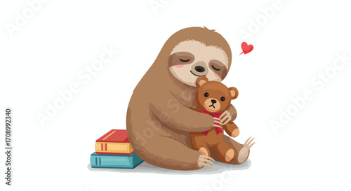 A sloth hugs a teddy bear with books stacked beside them