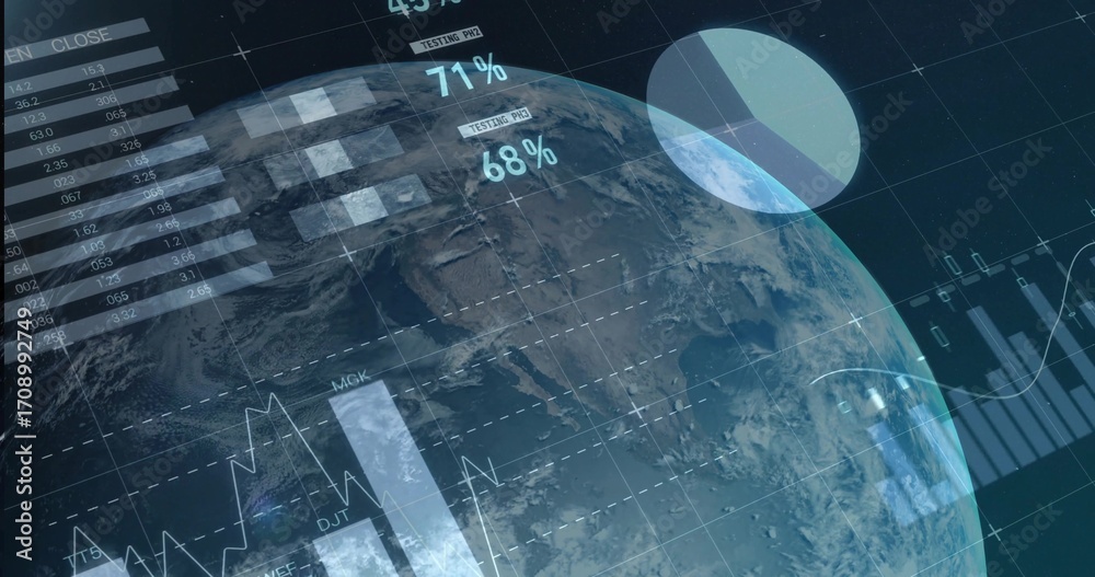 Naklejka premium Displaying digital Earth globe in virtual interface, with bar charts, line graphs, pie chart labels