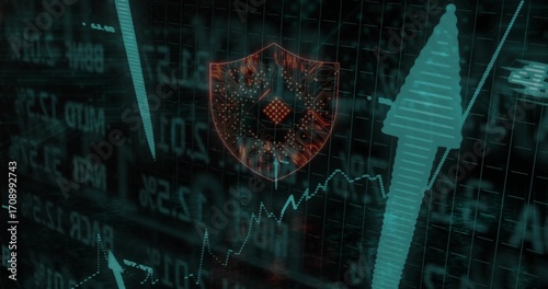Displaying glowing shield with microchip circuit traces on dashboard, upward arrow and data graphs