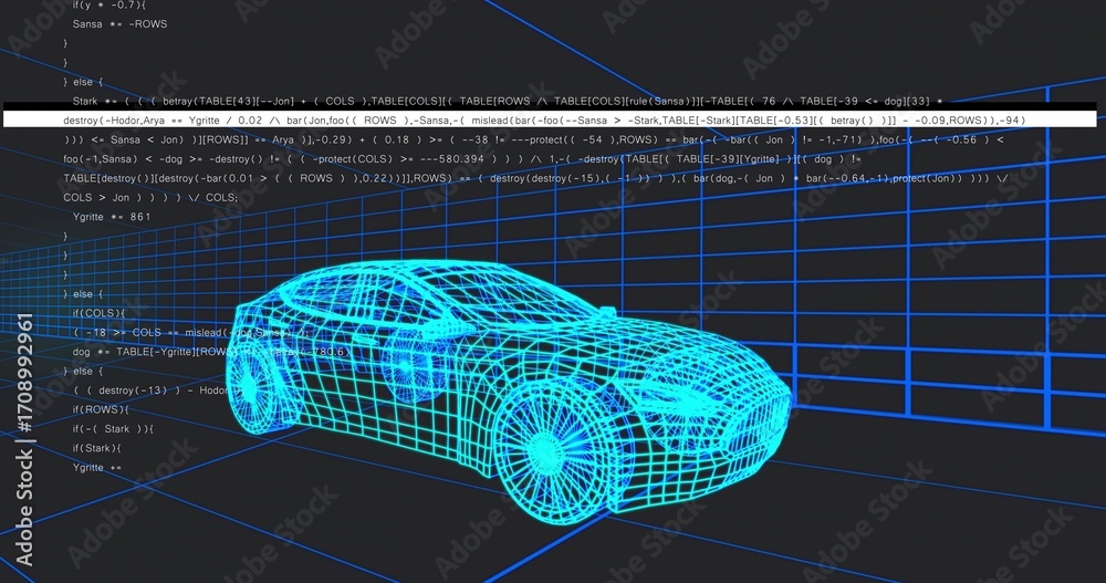 Fototapeta premium Rendering neon blue wireframe car floating on grid floor in dark studio, with code snippet overlays