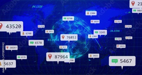 Wallpaper Mural Displaying low-poly globe rotating over neon grid map, with floating pins bubbles bells data points Torontodigital.ca