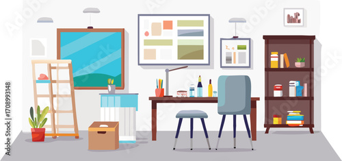 Interior of an office showcasing a sleek desk, comfortable chair, and a large bookshelf filled with literature.