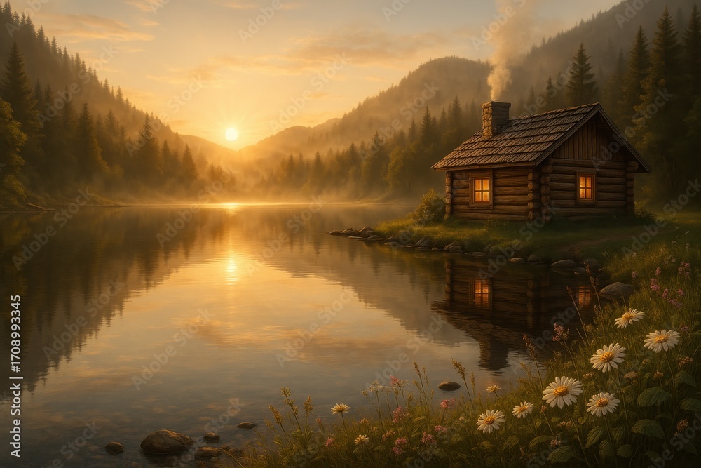 Obraz premium Cozy timber cabin by tranquil lake with misty mountains evergreen forest and golden sunrise reflections serene wilderness retreat
