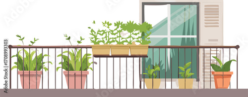 A balcony with vibrant plants and a window, offering a refreshing view of the surroundings.