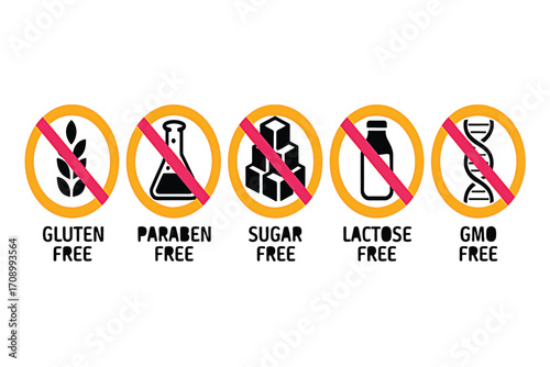 Set of five circular icons indicating gluten-free, paraben-free, sugar-free, lactose-free, and GMO-free products
