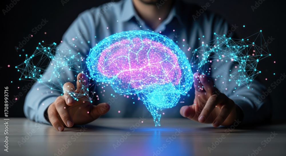 Obraz premium Person interacting with a digital brain hologram with glowing connections and network visualization effect