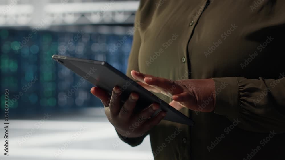 Engineer at work using green screen laptop in data center to check ...