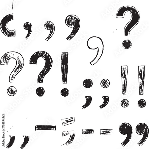 A hand-drawn collection of punctuation marks and symbols with a scribbled, textured pencil style