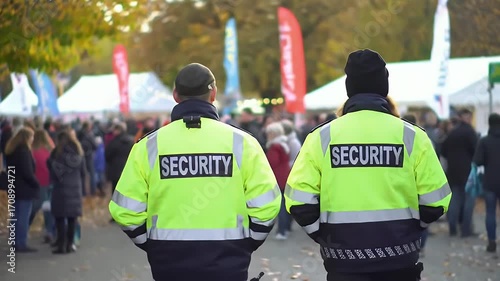Two Security Guards in Yellow Jackets Back View in Outdoor Crowd Blurred Background
