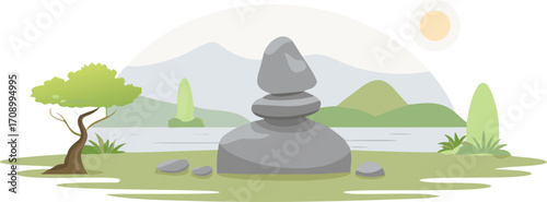 A carefully arranged stone stack rises in the middle of a lush green field, surrounded by open space.