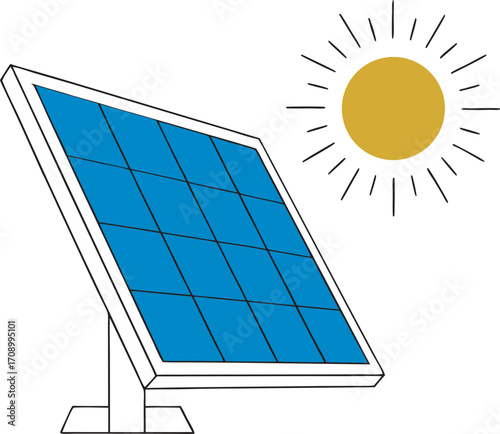 Bright sun shining on blue solar panel generating clean renewable energy power