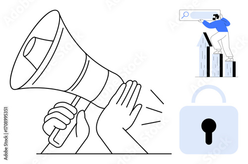 Megaphone amplifying voice, person using search bar for growth, padlock for security. Ideal for communication, marketing, awareness, growth, innovation data security privacy. Simple flat metaphor