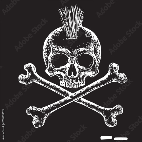 A detailed white chalk drawing of a skull with a mohawk and crossbones on a blackboard