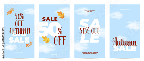 Set of vertical tags, labels, banners with autumn blue sky, clouds, foliage and sale messages. Perfect for social media promotions. Vector illustration
