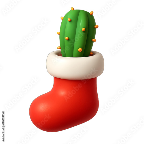 3D plastic icon of Christmas stocking with unexpected gift isolated on transparent background