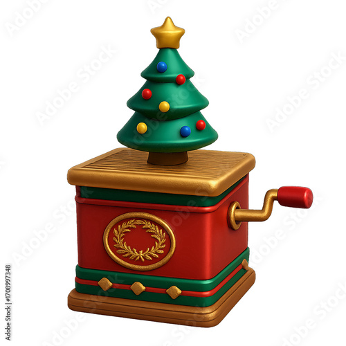 3D plastic icon of vintage Christmas music box with intricate details isolated on transparent background