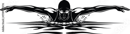 Professional swimmer illustration, butterfly stroke swimming in water, sports athlete training, competitive swimming design, fitness, endurance, aquatic sports vector art