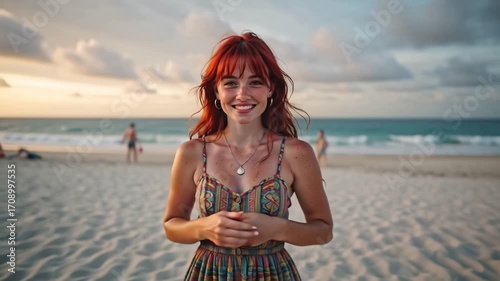 Freckled woman walking on sandy beach