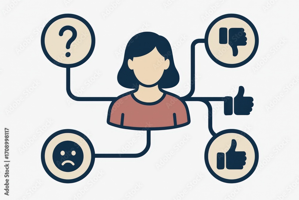 Fototapeta premium Visualizing Emotional Dynamics of a Thoughtful Individual Captured with Conceptual Symbols Representing Feedback Reactions in an Engaging Illustrative Format captured with clarity