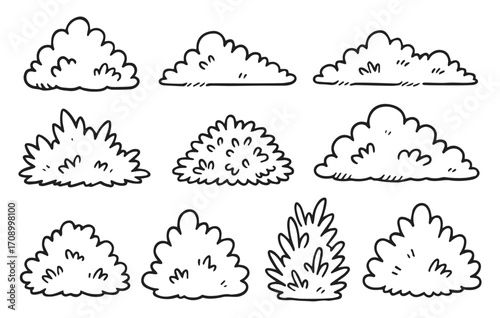 Bush and shrub doodle collection isolated on transparent background, generative ai