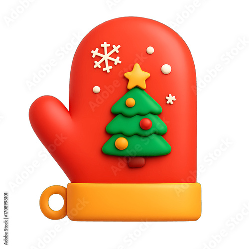 3D plastic icon of Christmas oven mitt with festive pattern isolated on transparent background