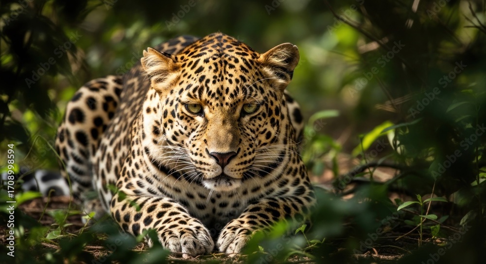 Naklejka premium Leopard resting in lush jungle