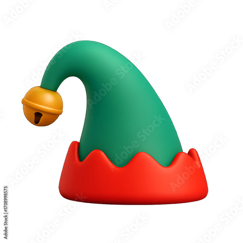 3D plastic icon of fallen elf hat with bell at tip isolated on transparent background