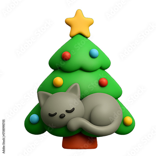 3D plastic icon of sleeping cat in Christmas tree in cute pose isolated on transparent background