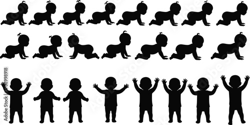 Baby crawling silhouette, infant movement stages, toddler development posture, child growth vector, standing baby gesture, expressive pose, black silhouette illustration