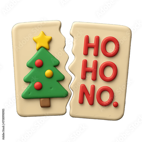 3D plastic icon of torn Christmas card with humorous message isolated on transparent background