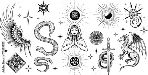 Mystical tattoo designs with praying woman, dragon, snakes, angel wing, occult symbols, magic sun, stars, and spiritual fantasy art elements.