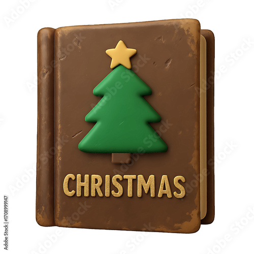 3D plastic icon of old Christmas storybook with worn cover isolated on transparent background