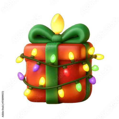 3D plastic icon of gift box with string lights isolated on transparent background
