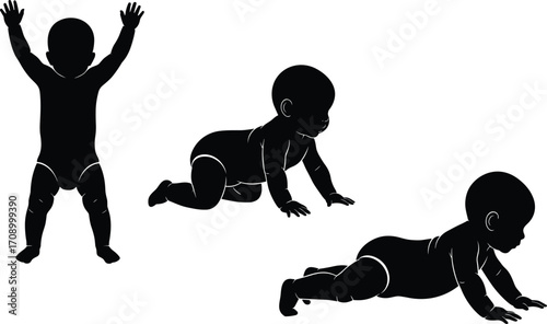 Baby development stages, crawling baby silhouette, standing infant, tummy time pose, early motor skills, child growth, movement milestones, black background