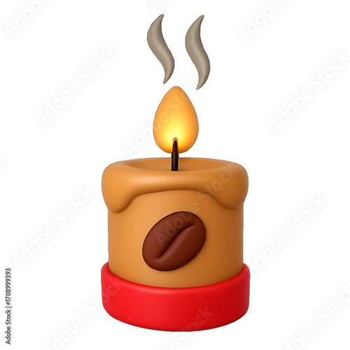 3D plastic icon of Christmas candle with coffee aroma isolated on transparent background