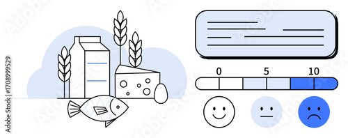 Fish, milk carton, cheese, egg, wheat stalks paired with a 0-10 scale and three emoticon faces. Ideal for food quality, nutrition, health, sustainability dieting consumer satisfaction simple flat