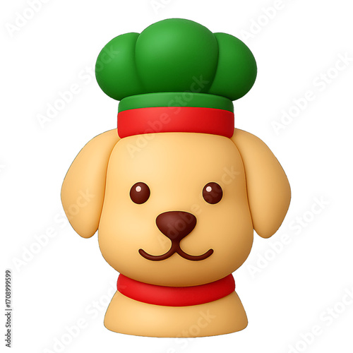 3D plastic icon of dog wearing Christmas chef hat isolated on transparent background