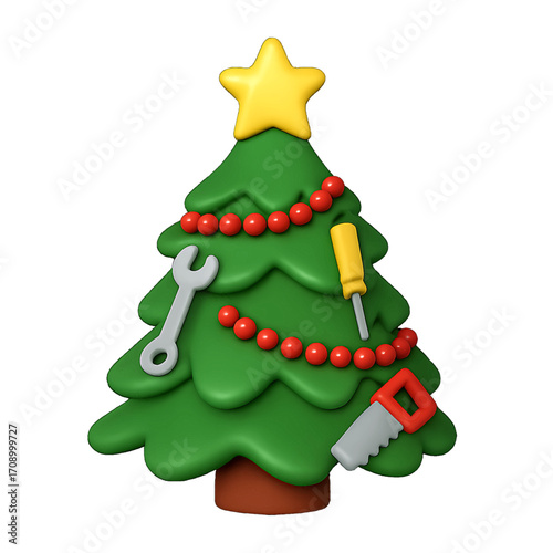 3D plastic icon of Christmas tree decorated with tool ornaments isolated on transparent background